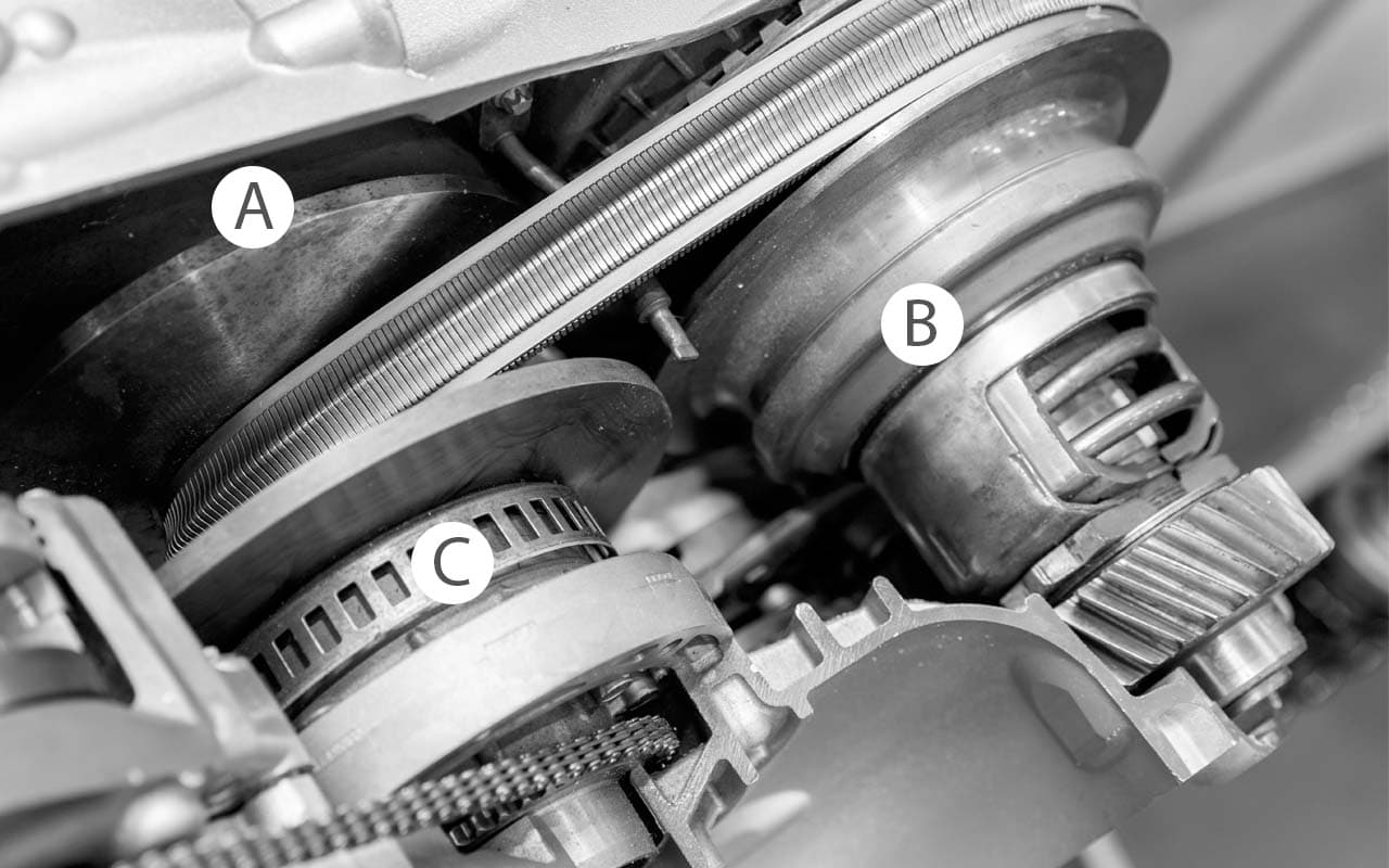 Photo of a CVT transmission with parts labeled